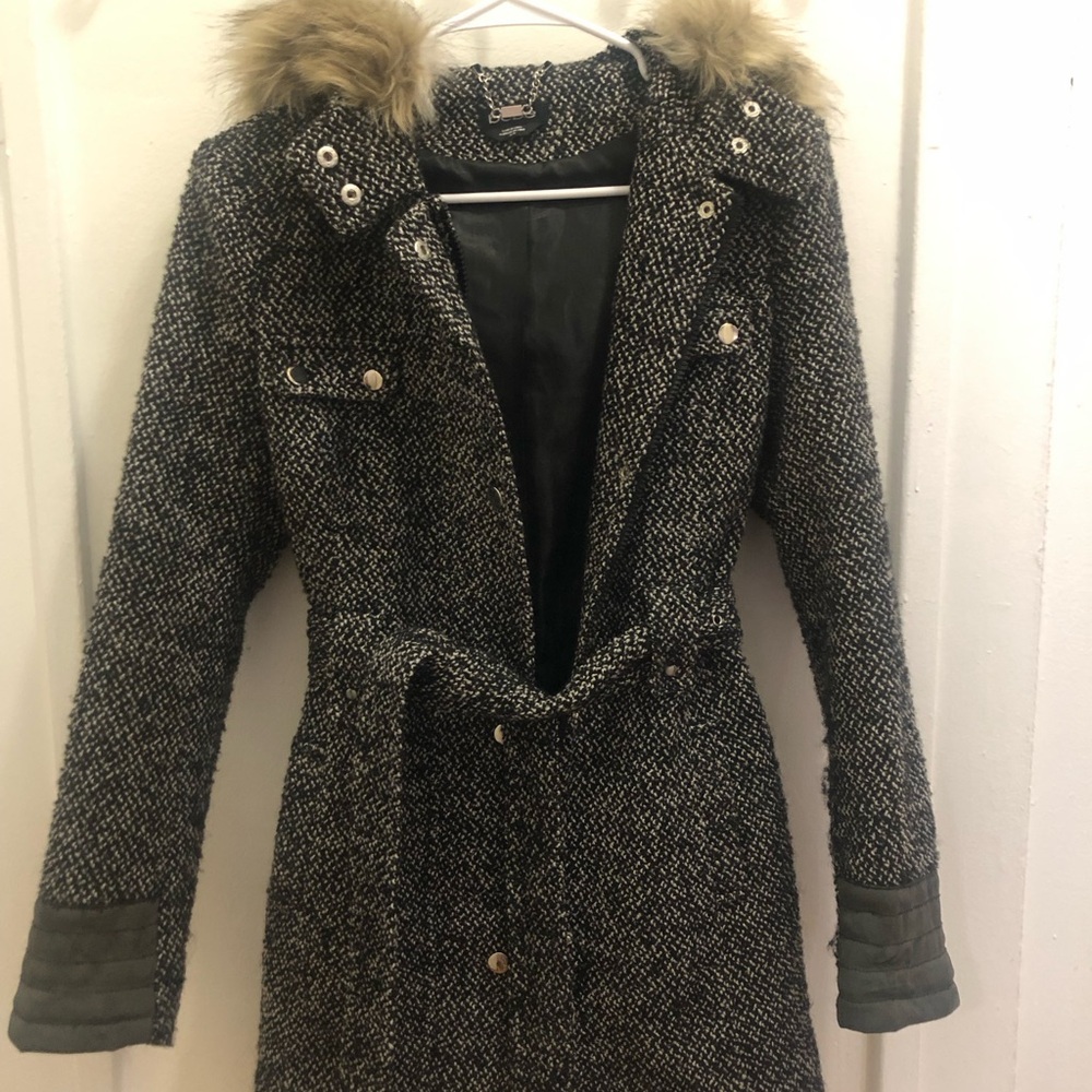 Women's Black Tweed Coat with Faux Fur Collar